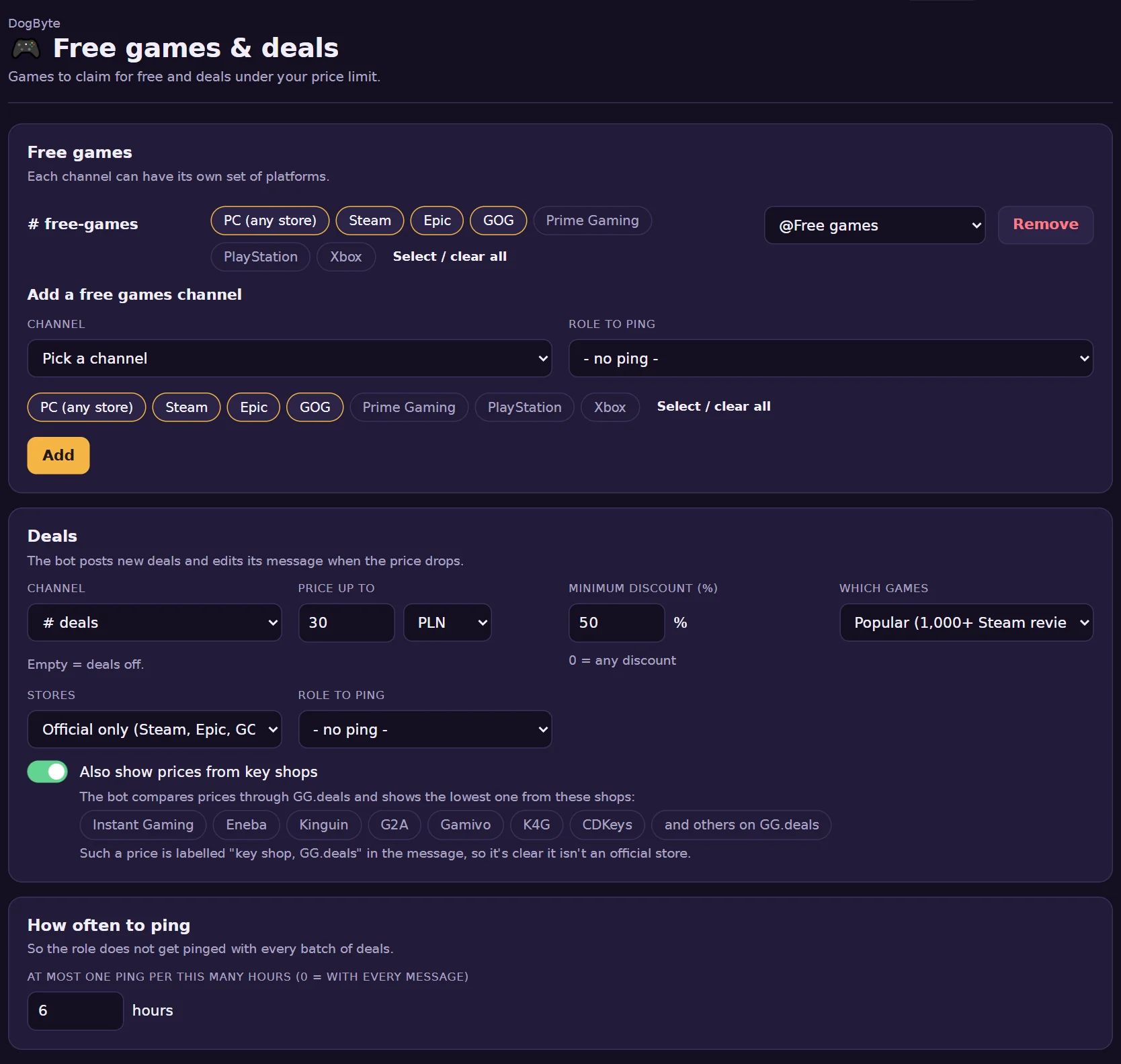 Free games and deals in the dashboard: platforms, price limit, currency and keyshops.