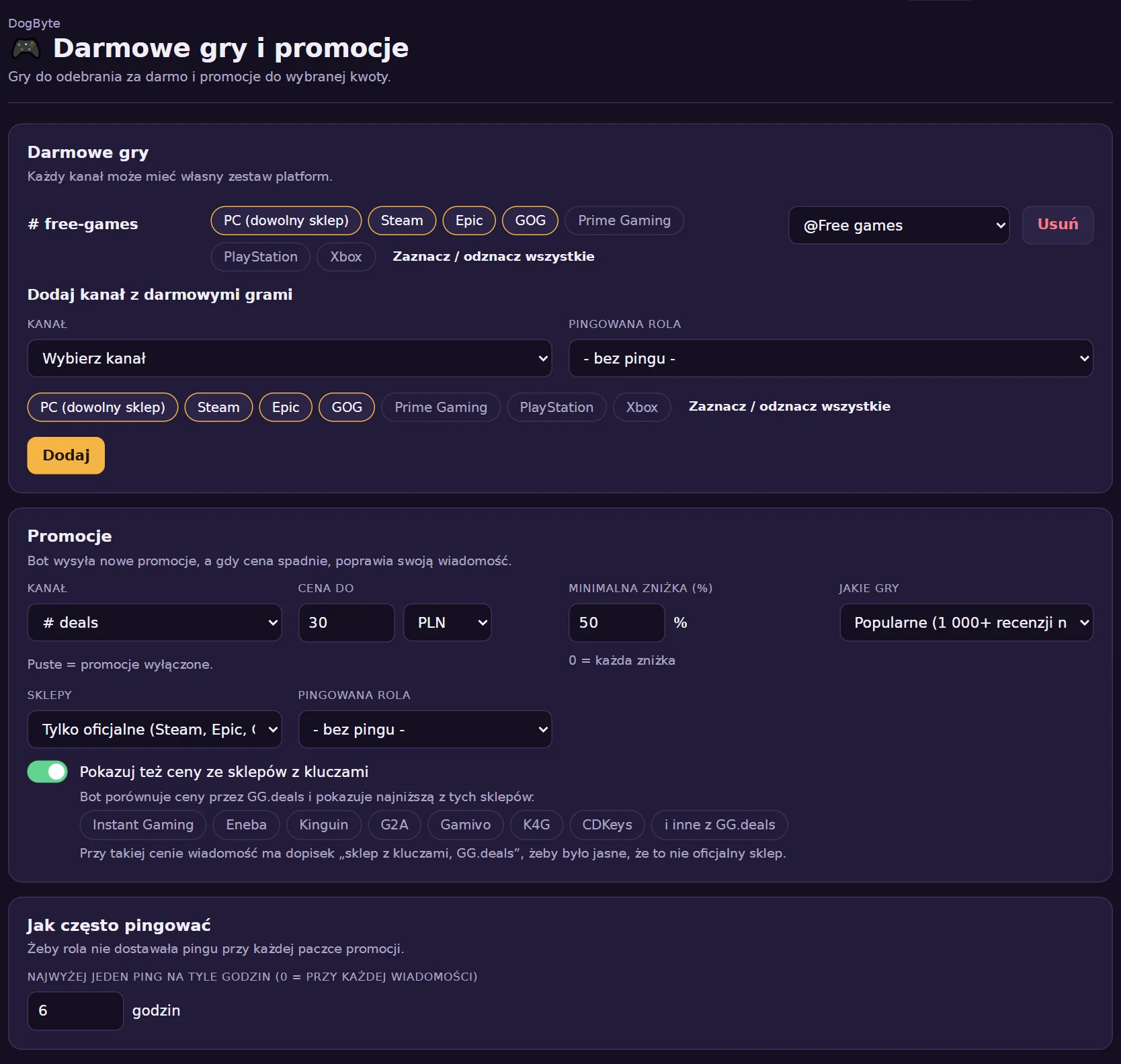 Darmowe gry i promocje w panelu: platformy, limit ceny, waluta i sklepy z kluczami.