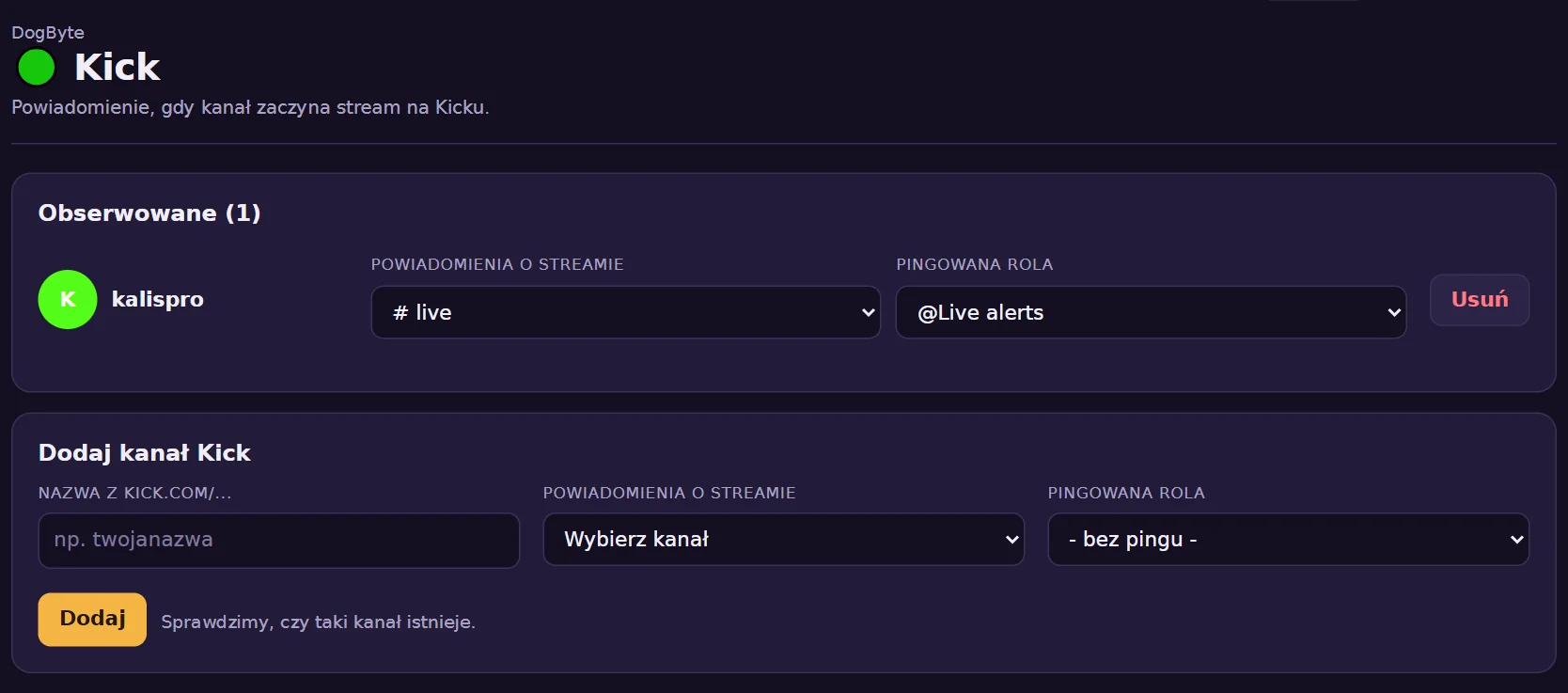 Kick w panelu: kanał, gdzie idzie powiadomienie i rola.