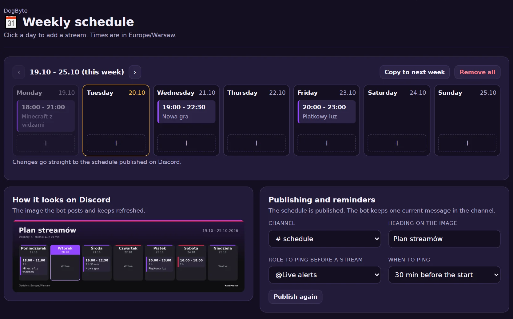 The weekly plan in the dashboard: click a day to add a stream, copy it to the next week.