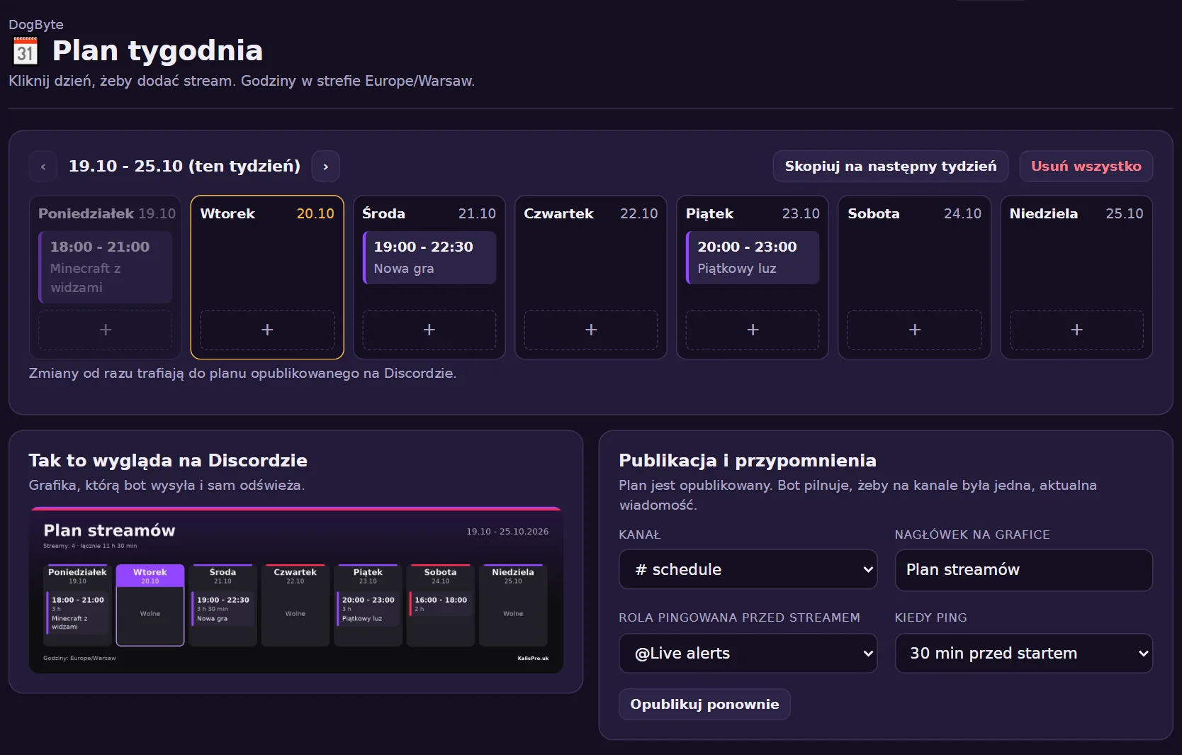 Plan tygodnia w panelu: kliknij dzień, żeby dodać stream, i skopiuj go na następny tydzień.