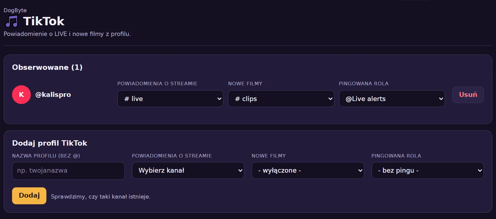 TikTok w panelu: profil, powiadomienia o LIVE, nowe filmy i rola.
