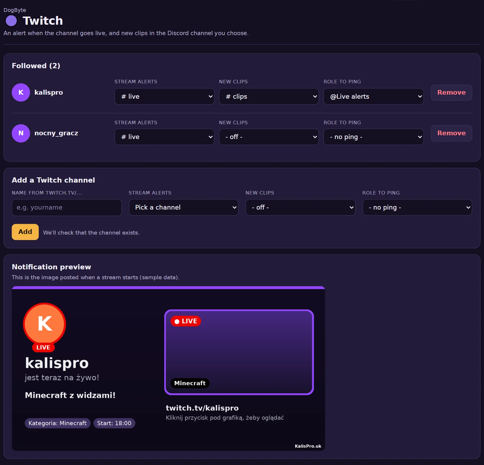 Twitch in the dashboard: watched channels, where alerts and clips go and which role gets pinged.