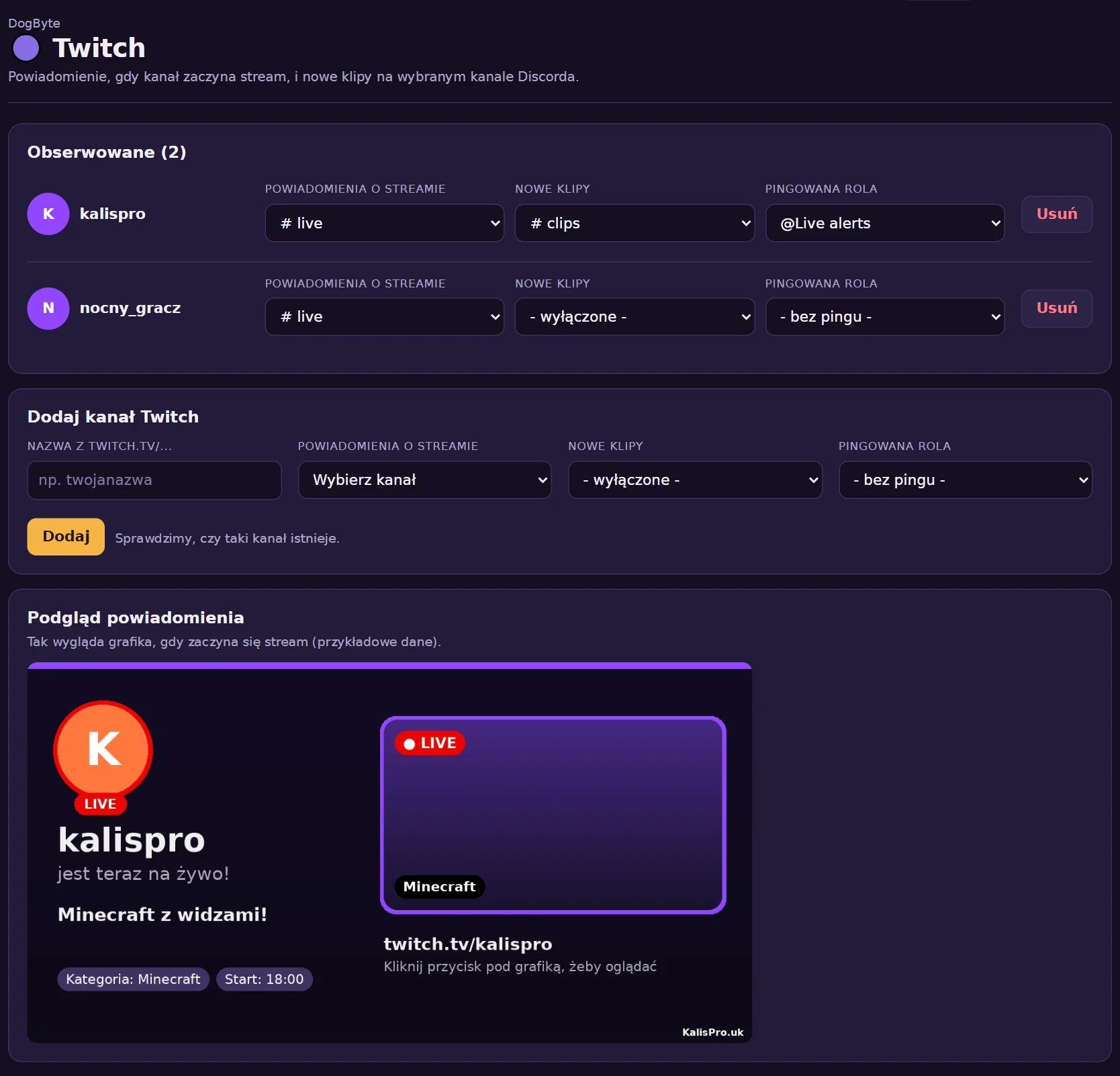 Twitch w panelu: obserwowane kanały, gdzie idą powiadomienia i klipy oraz którą rolę oznaczyć.
